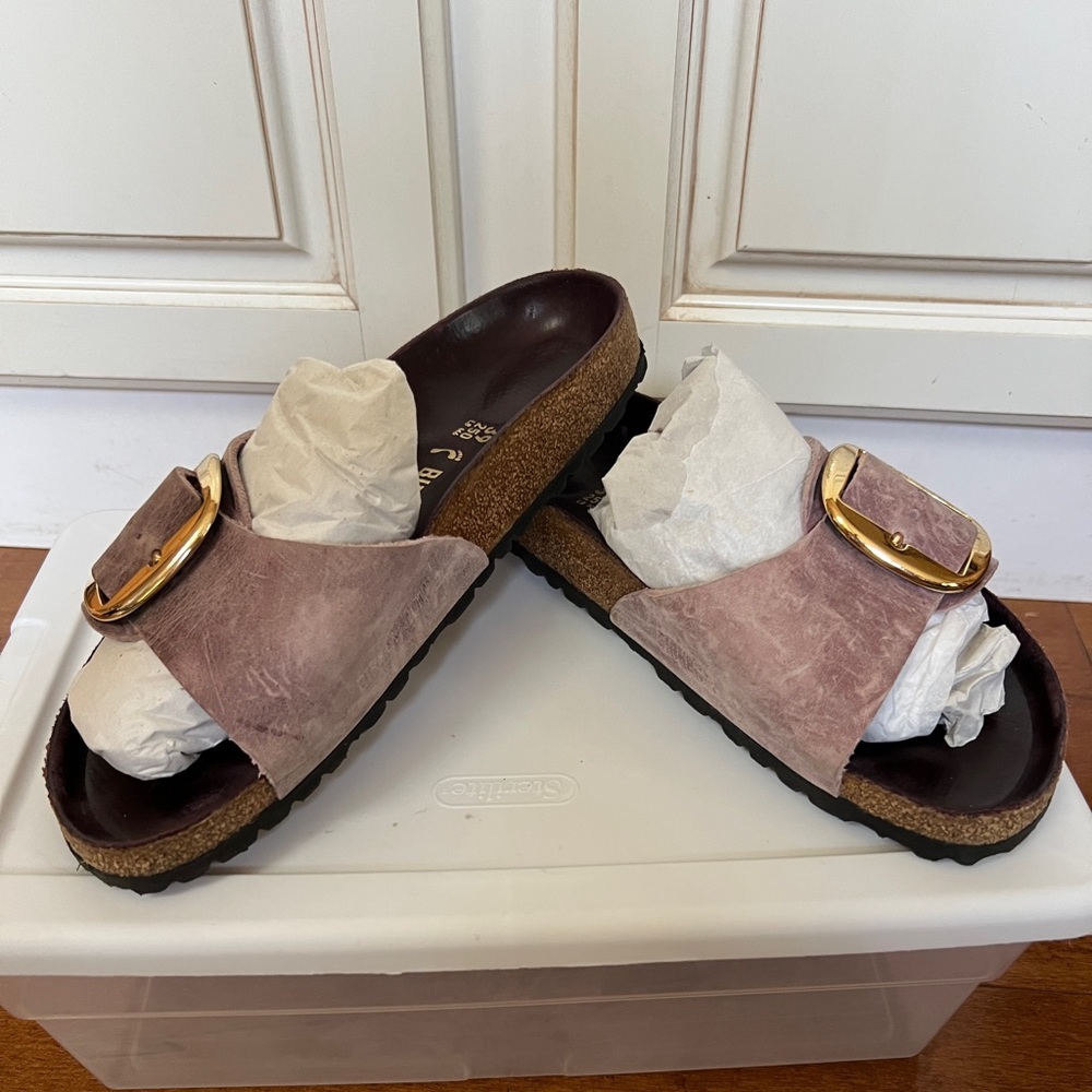 Birkenstock Madrid Lavender Leather with Big Gold Buckle & leather footbed